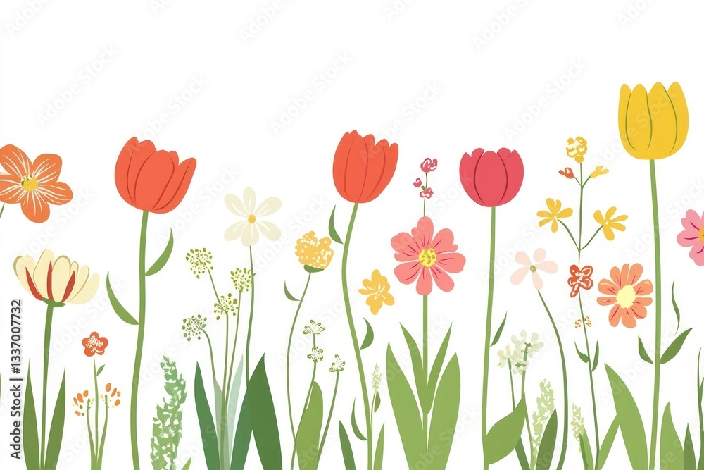 Fototapeta premium Spring flowers border art illustration colorful.