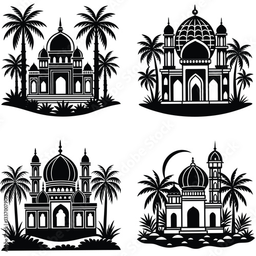 set various mosque black vector silhouette, set of landmarks and monuments