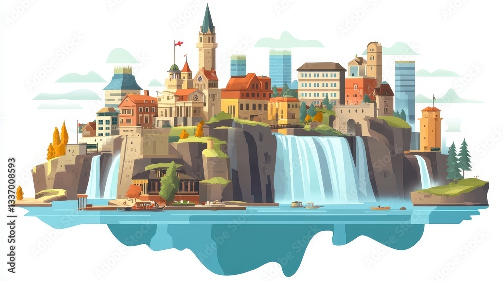 Naklejka premium Cityscape with Waterfalls