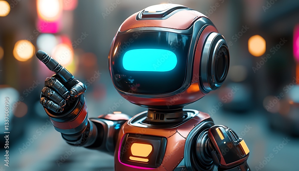 A futuristic robot with blue screen is pointing towards something A futuristic robot with blue screen is pointing towards something