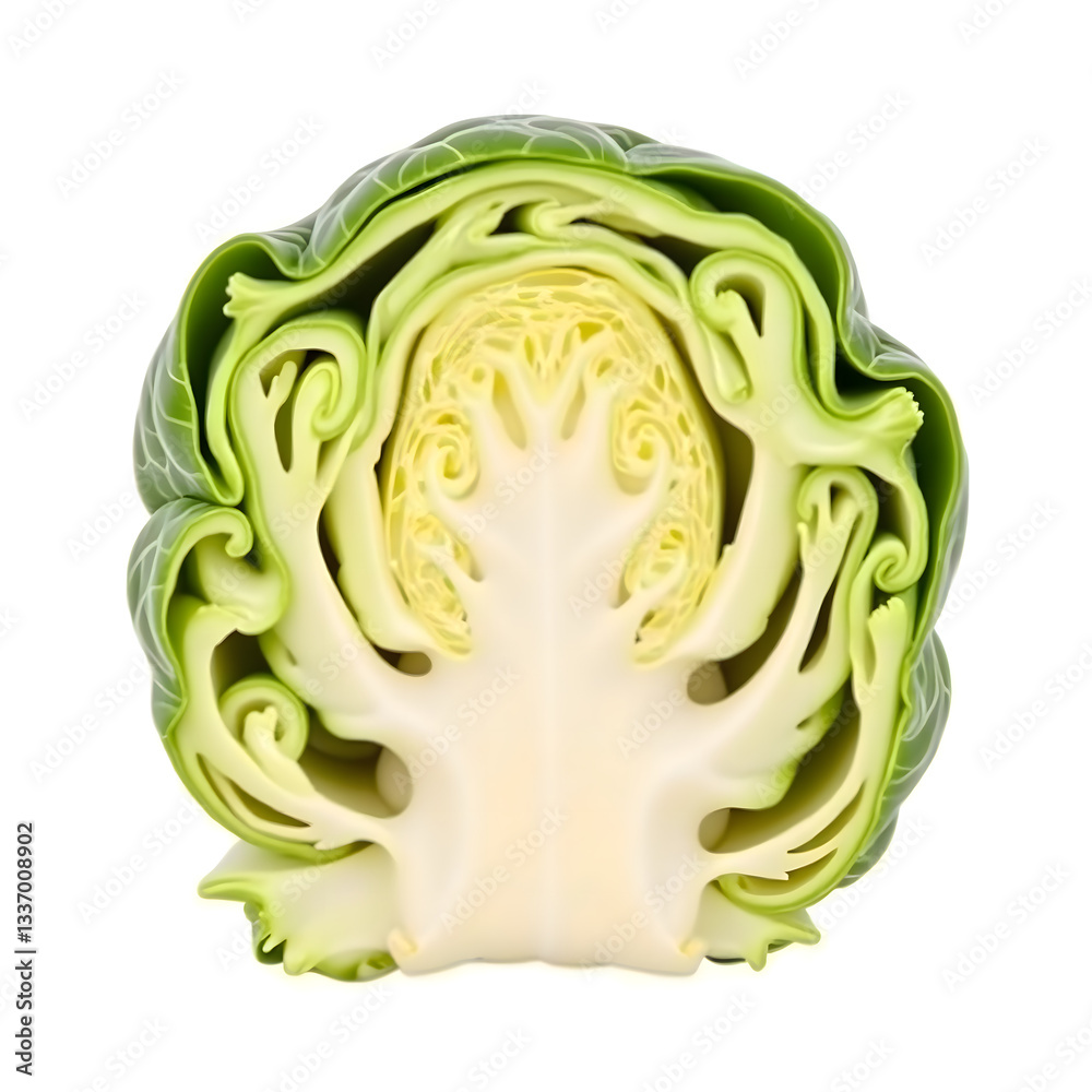 Cut cabbage showcasing intricate layers against white background Cut cabbage showcasing intricate layers against white background