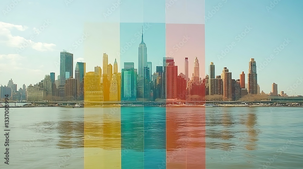 City skyline, waterfront view, sunny day