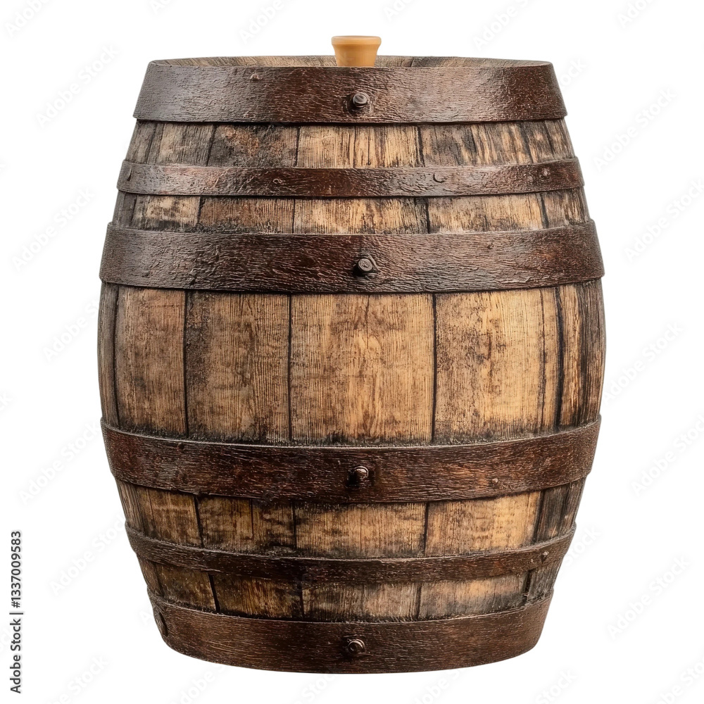 Obraz premium Rustic wooden barrel vintage oak wine cask aged liquor container isolated transparent background