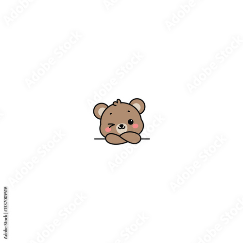 Cute teddy bear arms crossed and winking eye cartoon, vector illustration