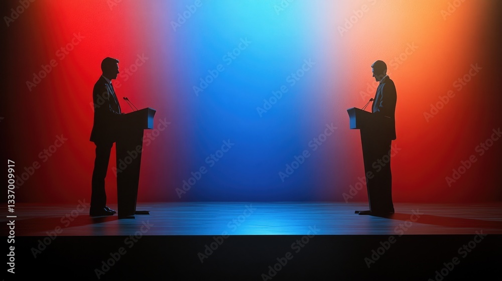 Two individuals standing at opposite podiums, looking at each other Two individuals standing at opposite podiums, looking at each other