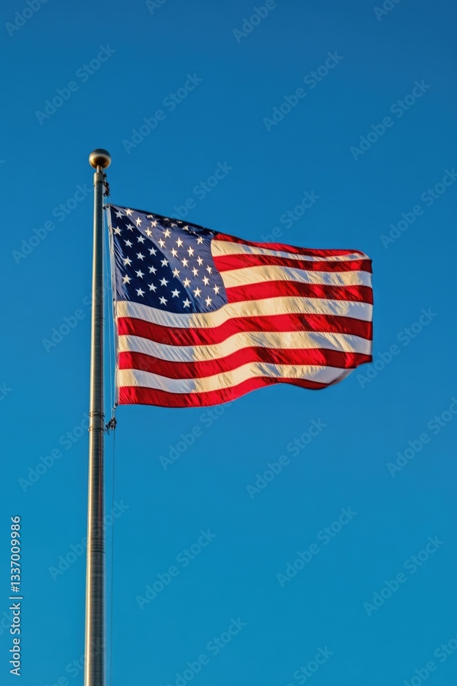 A soaring American flag against a clear blue sky with white clouds, suitable for patriotic events or national pride themes A soaring American flag against a clear blue sky with white clouds, suitable for patriotic events or national pride themes