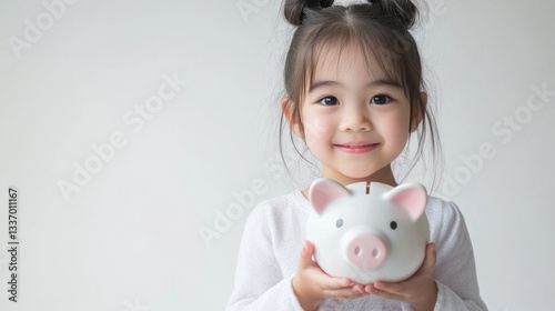 A young child grasping a piggy bank, an object often used for saving money