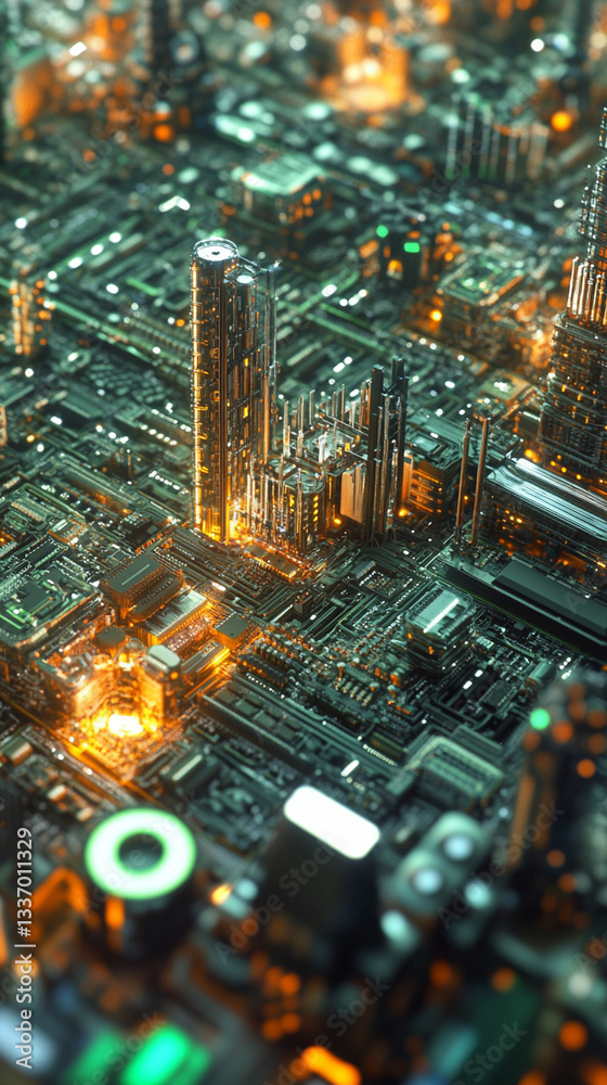 Obraz premium city ​​metropolis in the form of microcircuits and nanotechnology