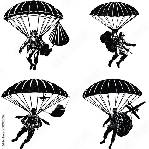 black and white parachute, vector illustration of an umbrella, black and white parachute on the earth