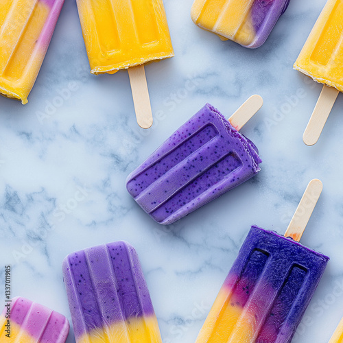 Seamless colorful popsicle pattern with fruity frozen treats on pastel blue background