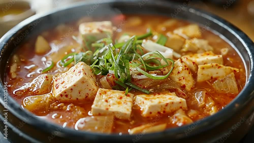 A close-up shot of steaming Korean kimchi jjigae soup with tofu and scallions in a hot pot. A close-up shot of steaming Korean kimchi jjigae soup with tofu and scallions in a hot pot.