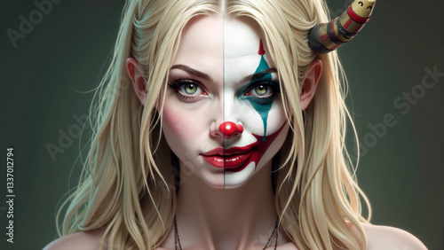 Creative portrait of a woman with a split clown and beauty makeup during a fun artistic event