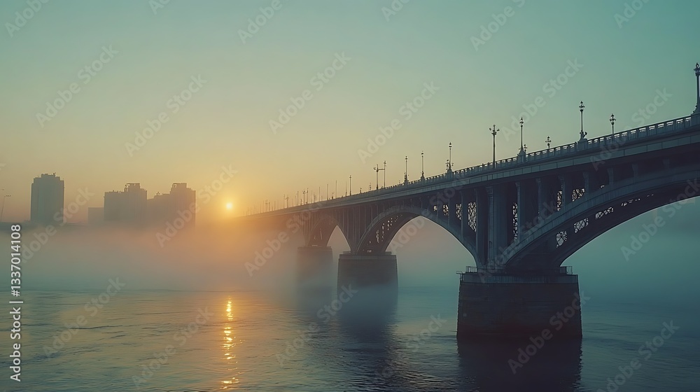 Sunrise fog, city bridge, river reflection Sunrise fog, city bridge, river reflection