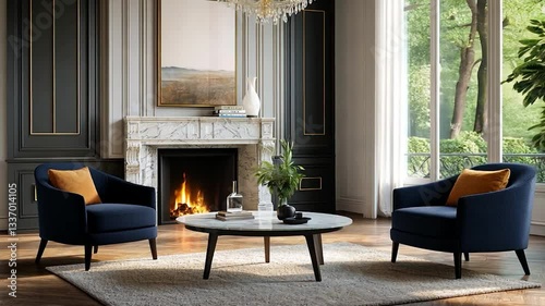 Elegant living room featuring two navy blue chairs, a marble table, and a cozy fireplace