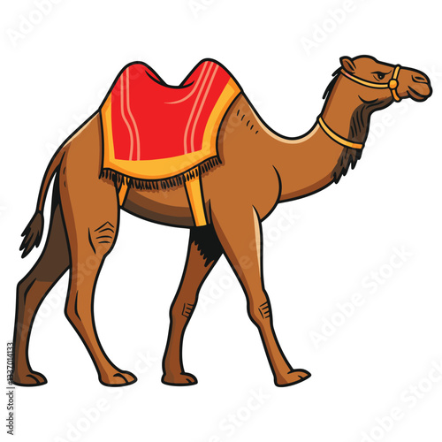 Arabian camel with textile saddle, decorated for Bedouin culture. Flat vector illustration, showcasing the traditional fabric decor on the hump, isolated on a white background.