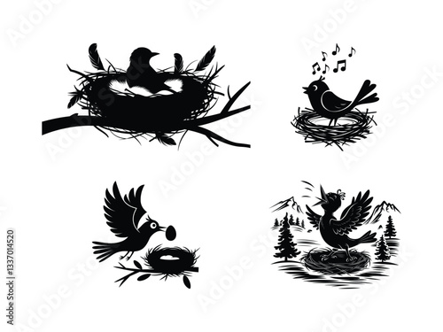 Spring Birds and Nests Silhouette | Easter Bird Clipart | Flying Birds Vector
