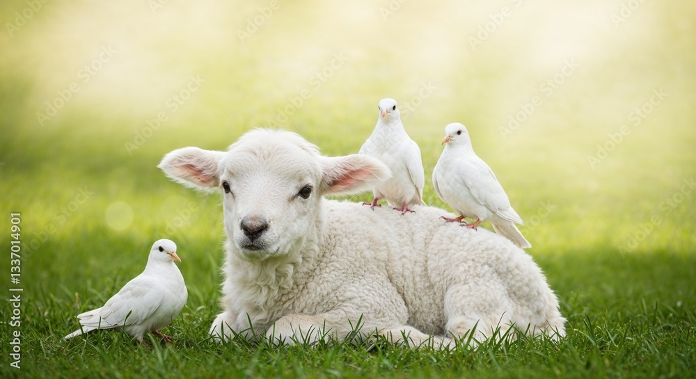 Adorable lamb resting on the grass with doves perched on its back Adorable lamb resting on the grass with doves perched on its back