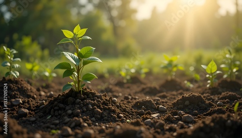 An awe-inspiring portrayal of pivotal role that rich, fertile soil plays in nurturing bountiful plant growth, while simultaneously providing essential nourishment for crops, vividly illustrating insep
