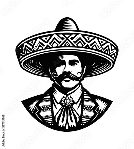 Man in Sombrero and Suit with Mustache Portrait in Black and White Outline Style Illustration