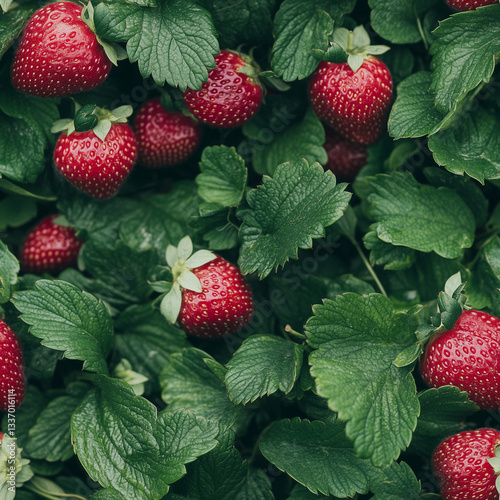 Seamless strawberry pattern with ripe red fruits and green leaves