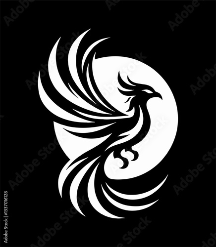 Phoenix rising with wings spread against white circle in a simple black and white vector logo