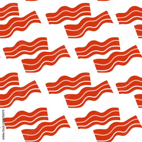 Seamless pattern of fried bacon slices. Breakfast food ingredient. Vector illustration in cartoon style. Isolated on white background	
