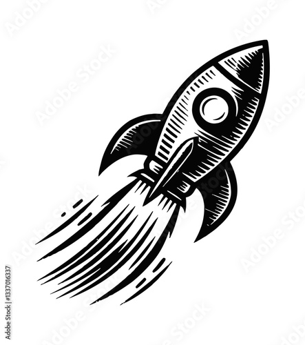 Rocket Launching with Fire and Smoke Trail in Detailed Black and White Line Art Drawing