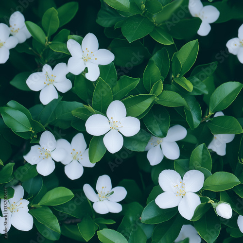 Seamless floral pattern with green leaves and white strawberry flowers