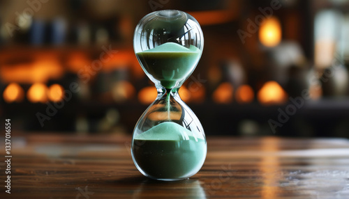 A graceful hourglass on a wooden table with a blurred warm background symbolizes the passage of time, inevitability and a moment of awareness