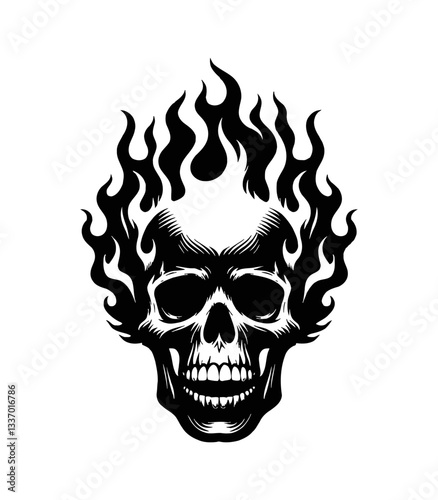 Skull enveloped by flames in black and white vector art, showcasing a fiery and intense design