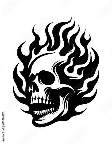 Skull burning with blazing fire and dark eyes in black and white vector illustration