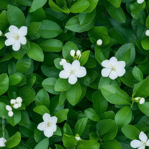 Seamless floral pattern with green leaves and white strawberry flowers
