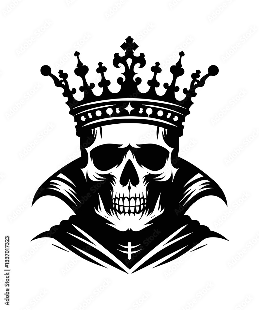 Fototapeta premium Black and White Vector Graphic of a Skull Wearing a Crown with Cloak, Elegant Gothic Design