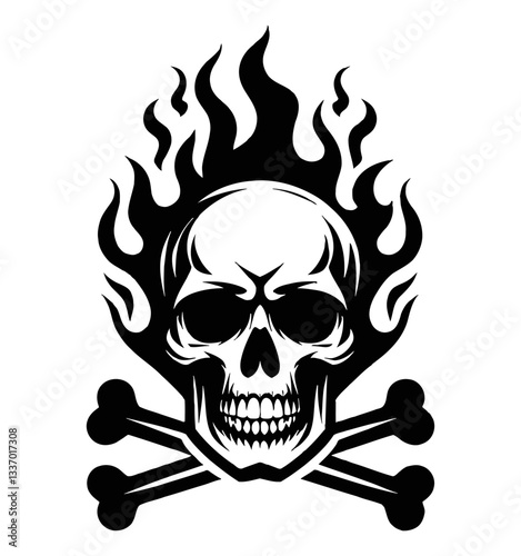 Skull Burning with Crossbones Vector Illustration in Black and White Detailed Graphic