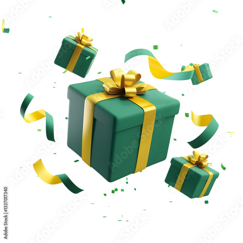 Christmas gift boxes in green flying in air isolated on transparent background PNG