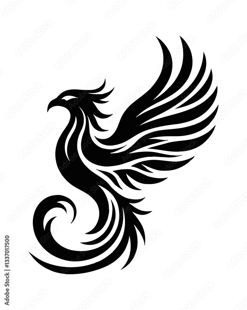 Stylized Phoenix with Spread Wing in Black and White Vector Illustration Isolated on White Stylized Phoenix with Spread Wing in Black and White Vector Illustration Isolated on White