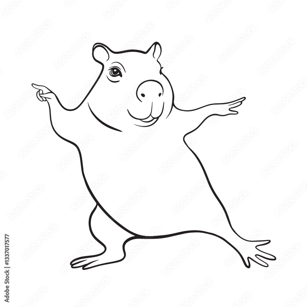 Fototapeta premium Vector illustration of Funny and dancing capybara isolated on white background. For kids coloring book