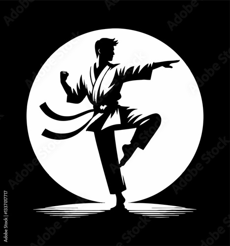 Silhouette of Karate Fighter in Stance with Leg Extended and Arm Out in Defense Position