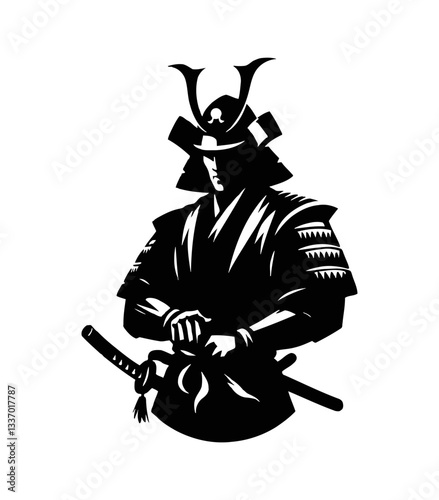 Samurai warrior in full armor stands with katana sword, graphic black and white illustration