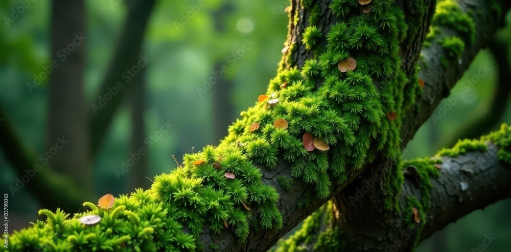 Naklejka premium Dense moss clinging to tree bark, intricate details, lichen, biology, flora