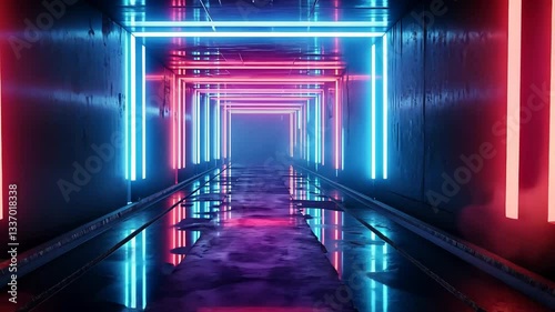 Neon tunnel with vibrant lights reflecting on a wet floor