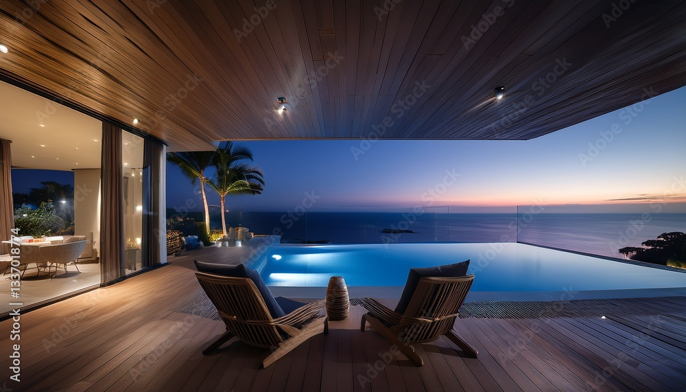 Fototapeta premium 탁 트인 오션뷰를 감상할 수 있는 현대적인 풀빌라