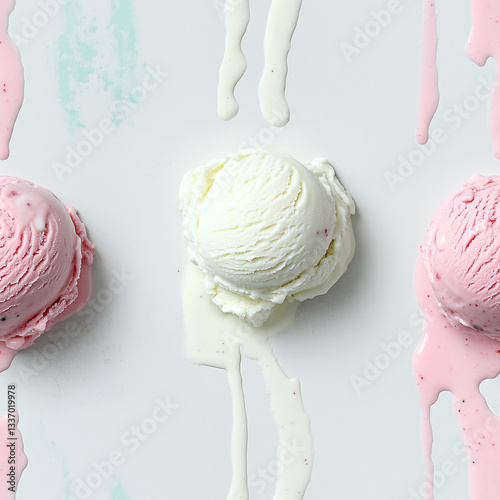 Seamless ice cream scoops and melting pastel texture with mint leaves