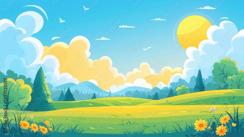 Fototapeta premium Sunny Summer Meadow Landscape Illustration