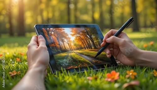 Modern tablet displaying a simple colorful design with smooth curves and vibrant gradient background, perfect for technology and themes

