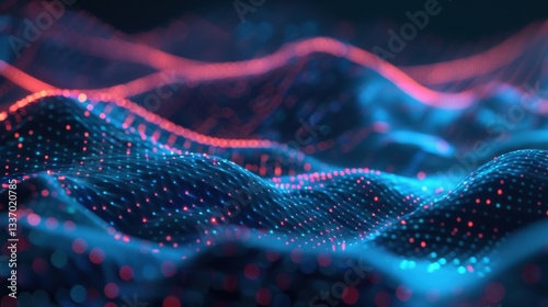 A vibrant, abstract representation of flowing data waves, featuring blue and red particles against a dark background, embodying digital technology and connectivity.