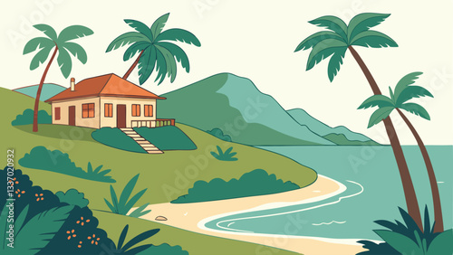 tropical island with villa bungalow hotel on beach