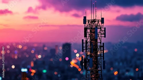Telecommunications Tower Stands Tall Against Vibrant Cityscape at Sunset with City Lights and Colorful Sky, Capturing Essence of Modern Connectivity and Urban Life in Dynamic Urban Atmosphere