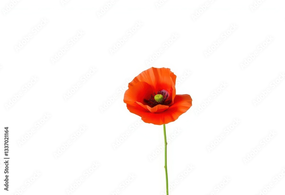 Obraz premium A vibrant, single red poppy flower, petals fully open, isolated against a pure white background, floral, intense red