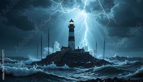 In midst of a tempestuous lightning storm a solitary lighthouse stands tall its isolated structure a beacon 